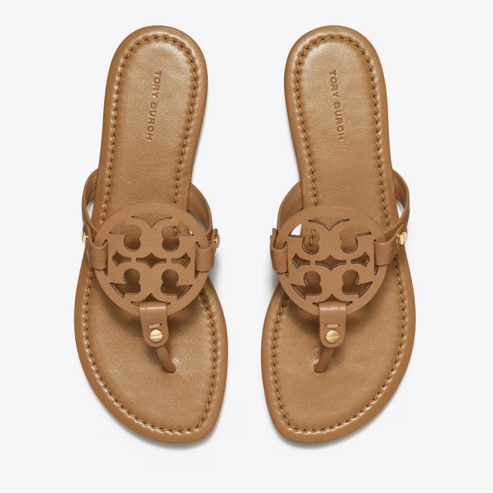 Tory Burch Tan Leather Logo Thong Sandals